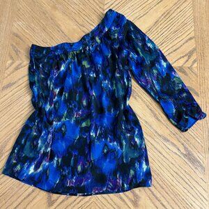 Y2K Delicia One Shoulder Blouse Blue Abstract Print 28” Long Polyester Top